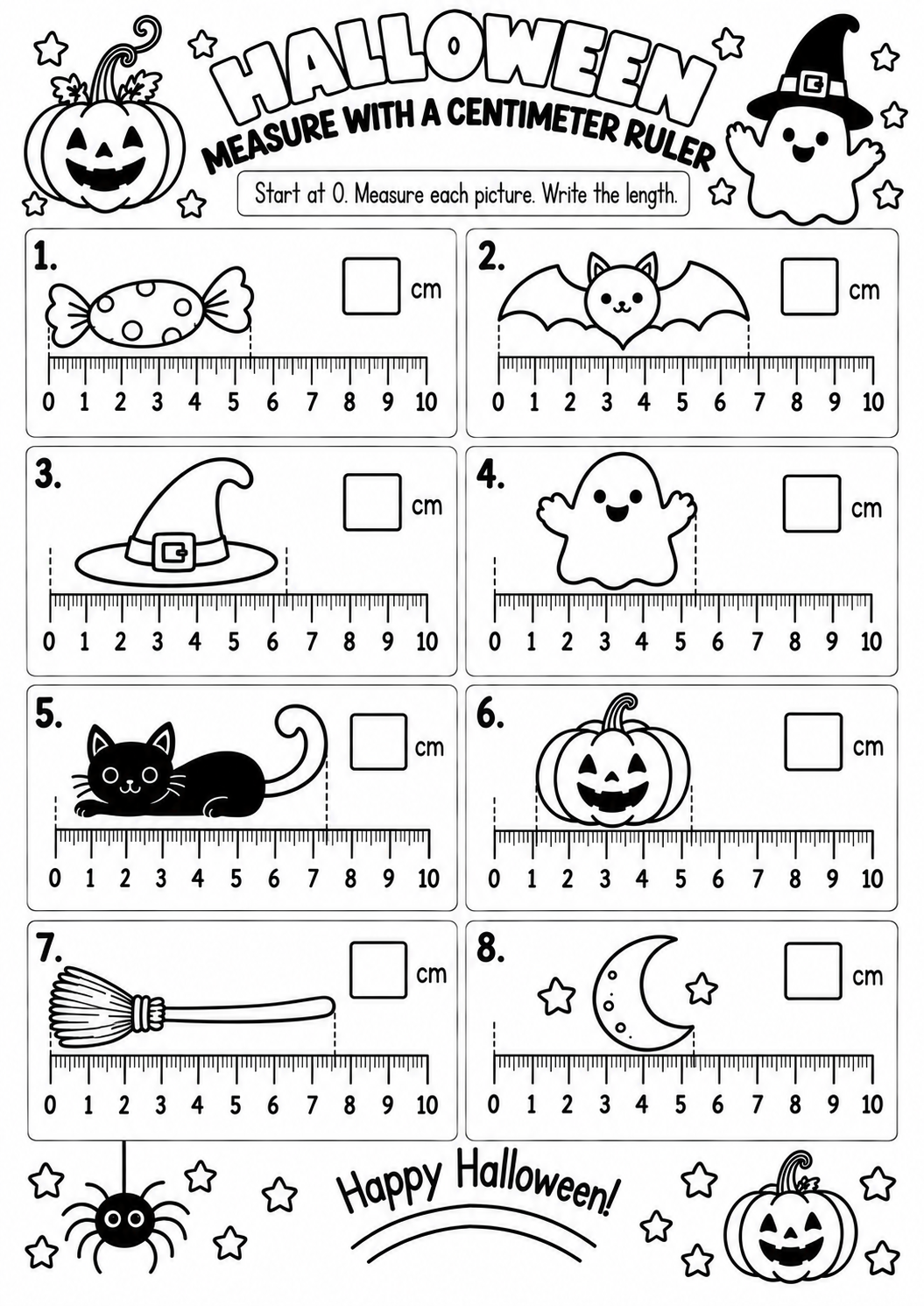 Halloween Measure with a Centimeter Ruler for Pre-K, Kindergarten, 1st Grade