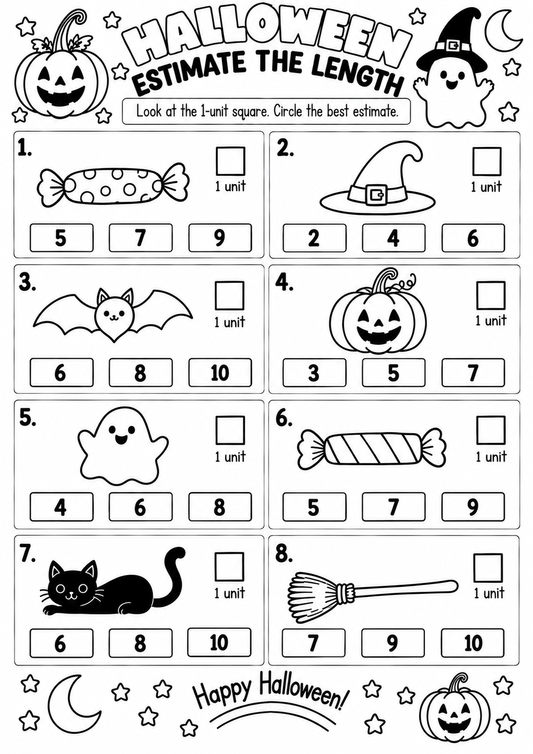 Halloween Estimate the Length for Pre-K, Kindergarten, 1st Grade