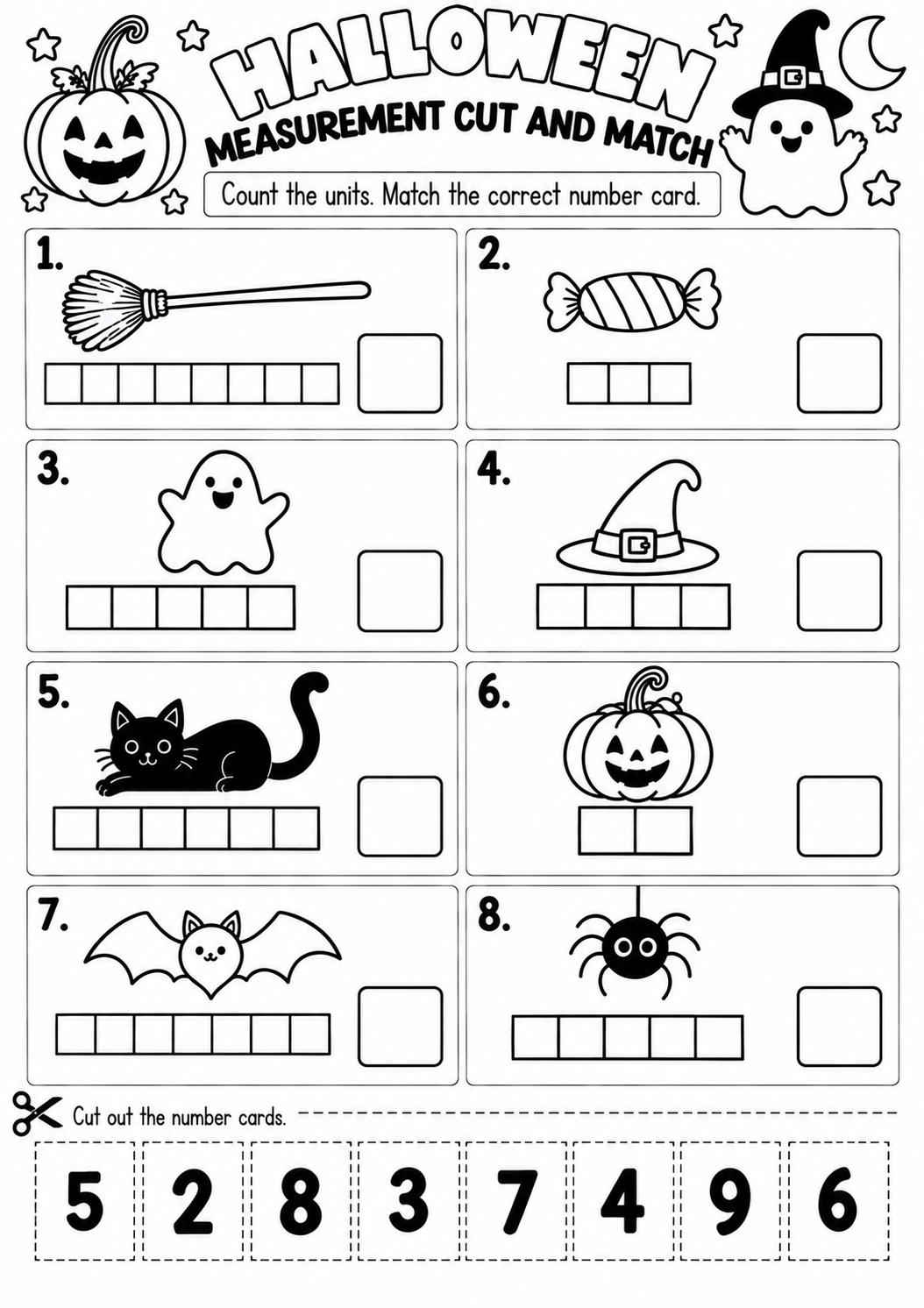 Halloween Measurement Cut and Match for Pre-K, Kindergarten, 1st Grade