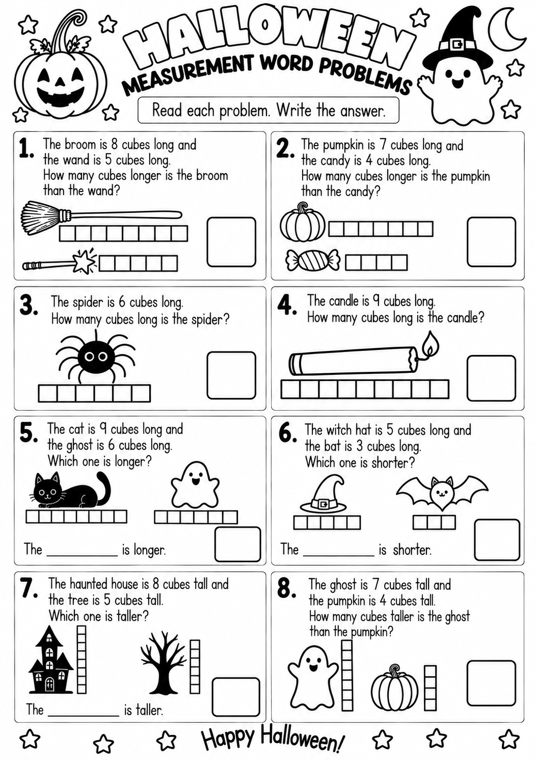 Halloween Measurement Word Problems for Pre-K, Kindergarten, 1st Grade