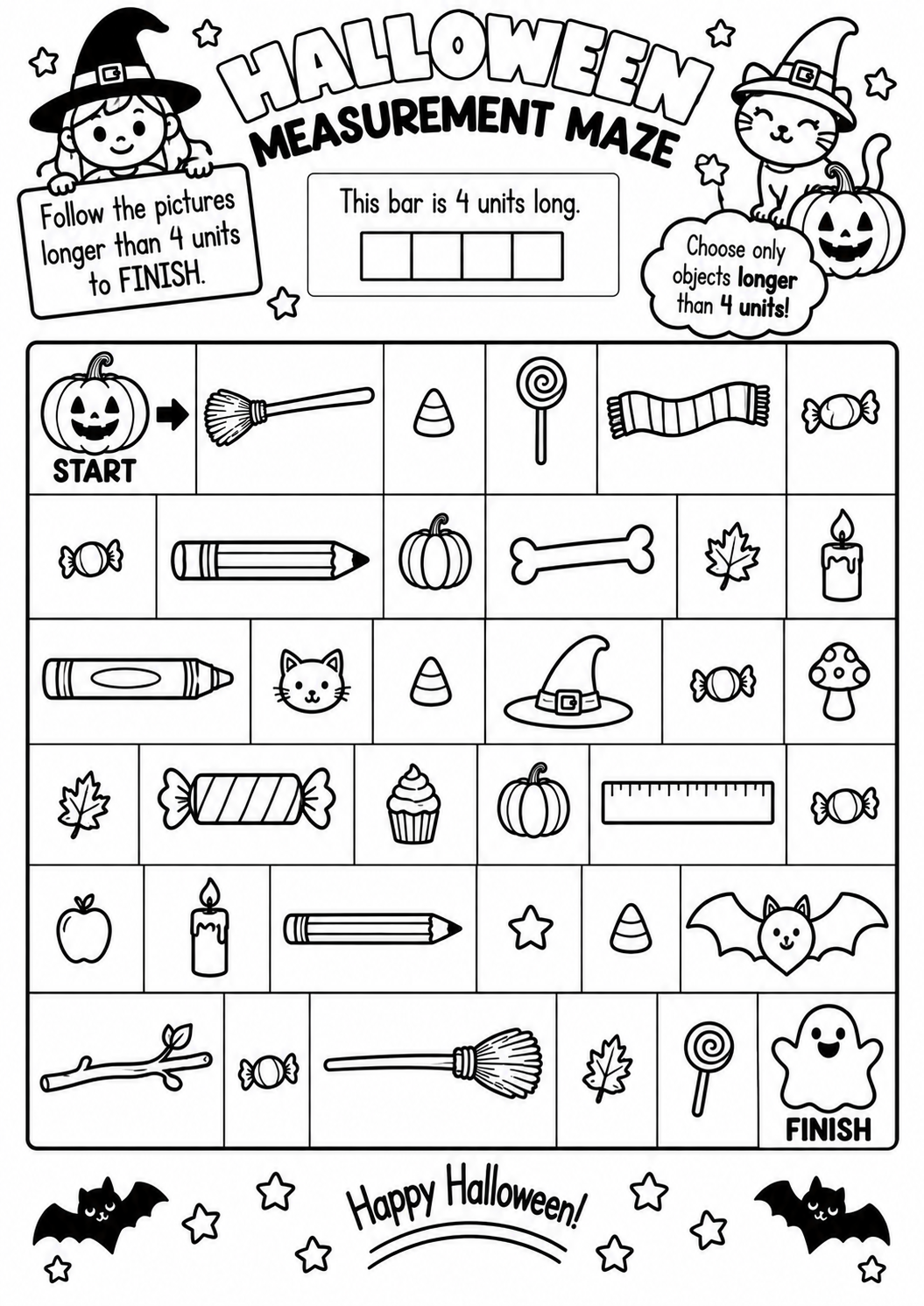 Halloween Measurement Maze for Pre-K, Kindergarten, 1st Grade