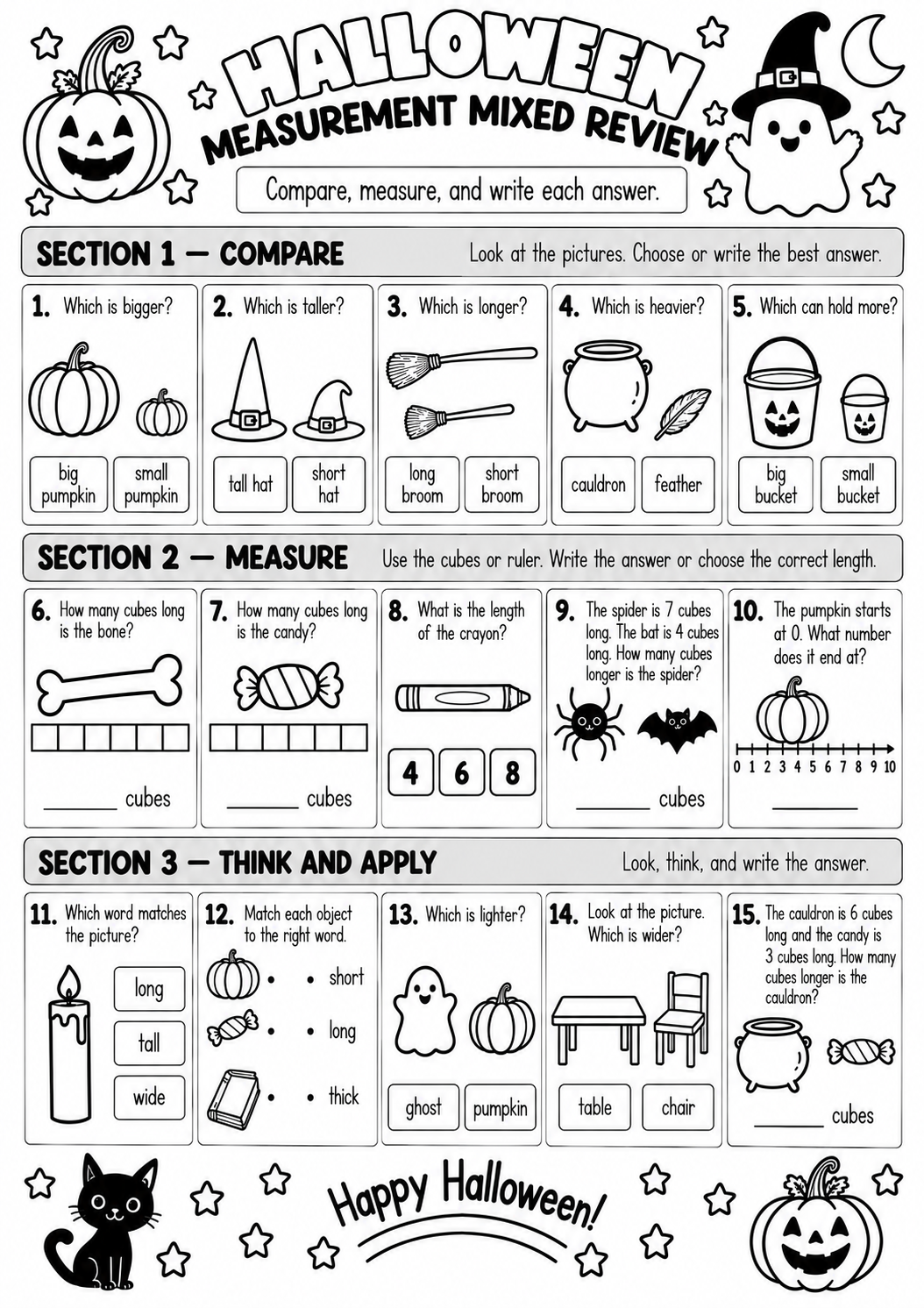 Halloween Measurement Mixed Review for Pre-K, Kindergarten, 1st Grade