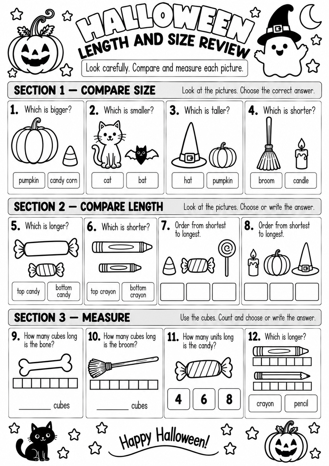 Halloween Length and Size Review for Pre-K, Kindergarten, 1st Grade
