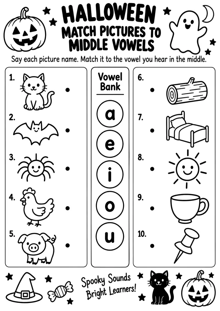 Halloween Match Pictures to Middle Vowels for Kindergarten, 1st Grade