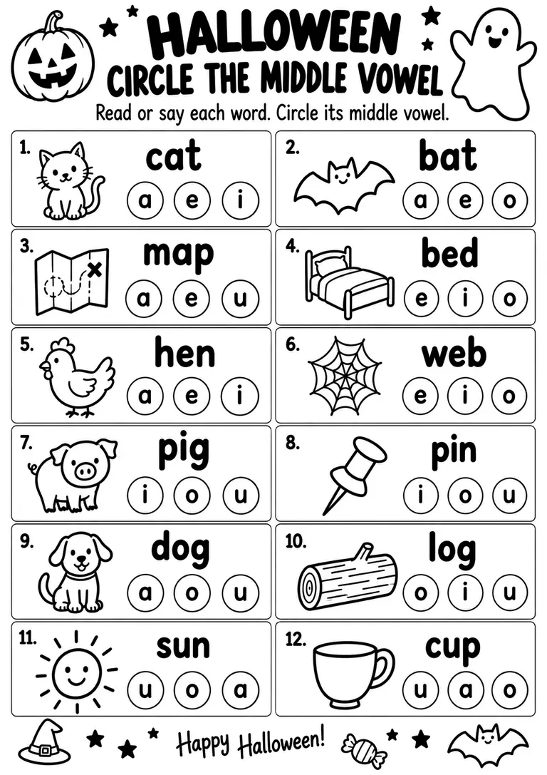Halloween Circle the Middle Vowel for Kindergarten, 1st Grade