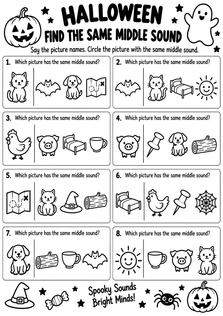 Halloween Find the Same Middle Sound for Kindergarten, 1st Grade