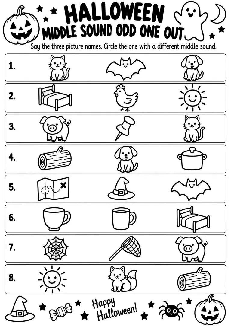 Halloween Middle Sound Odd One Out for Kindergarten, 1st Grade