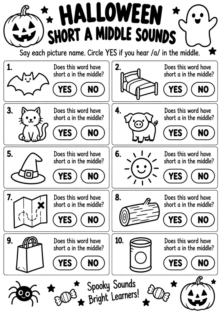 Halloween Short A Middle Sounds for Kindergarten, 1st Grade