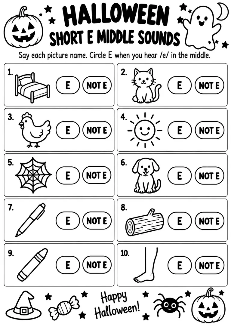 Halloween Short E Middle Sounds for Kindergarten, 1st Grade