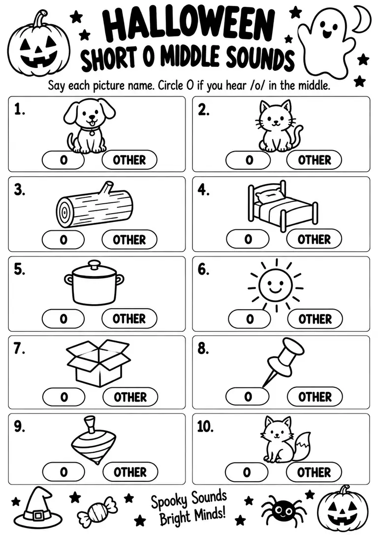 Halloween Short O Middle Sounds for Kindergarten, 1st Grade