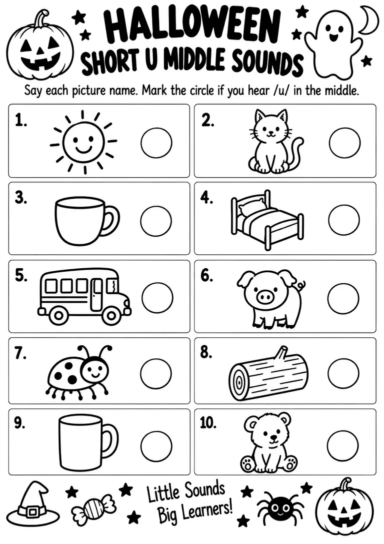 Halloween Short U Middle Sounds for Kindergarten, 1st Grade