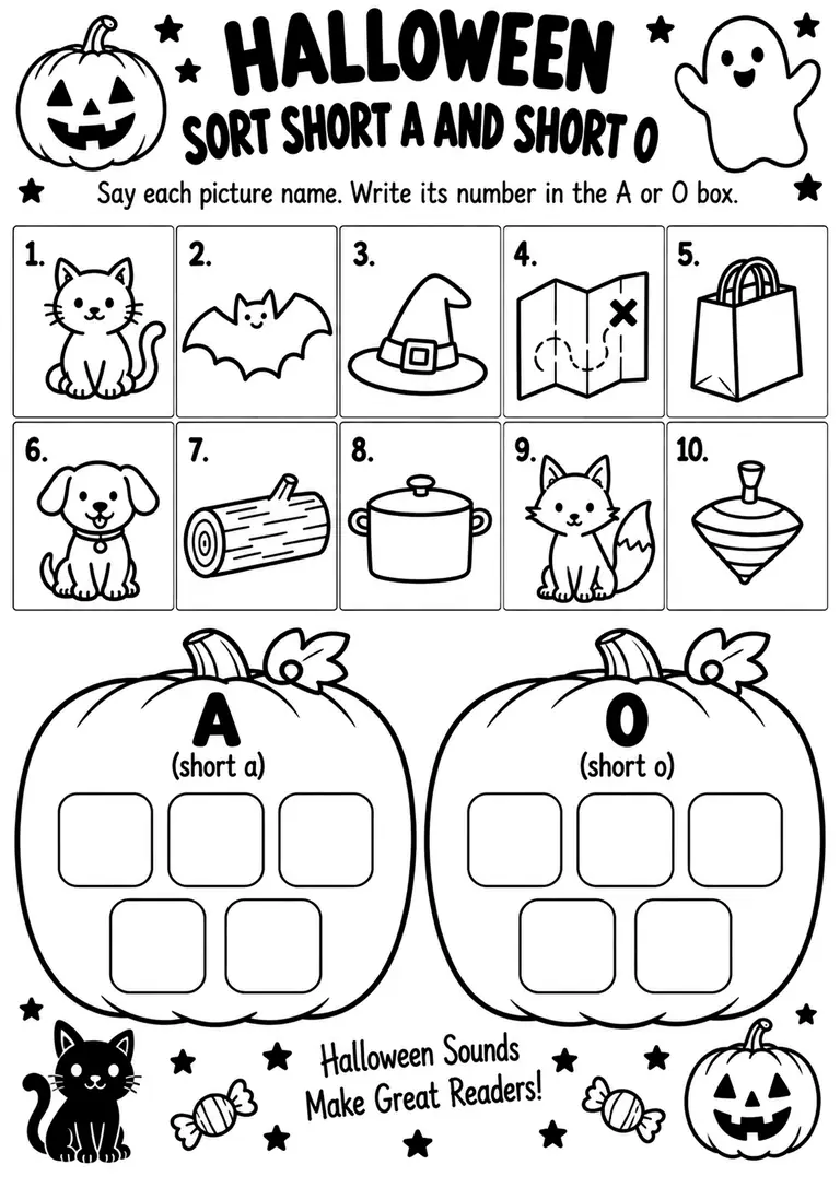 Halloween Sort Short A and Short O for Kindergarten, 1st Grade