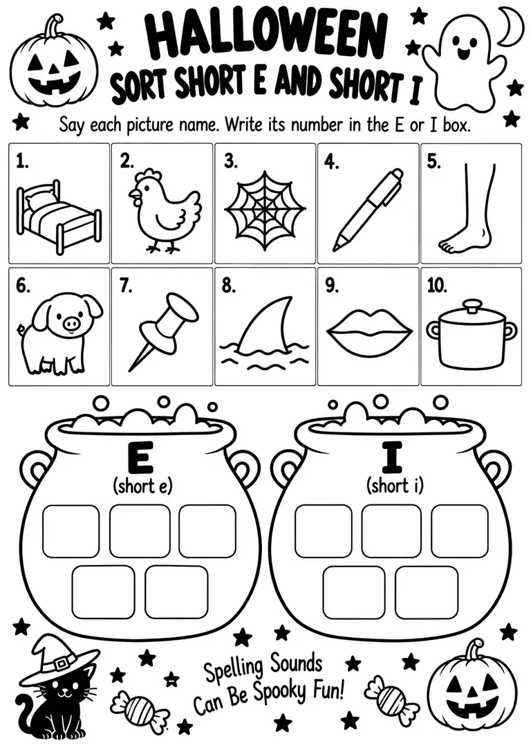 Halloween Sort Short E and Short I for Kindergarten, 1st Grade