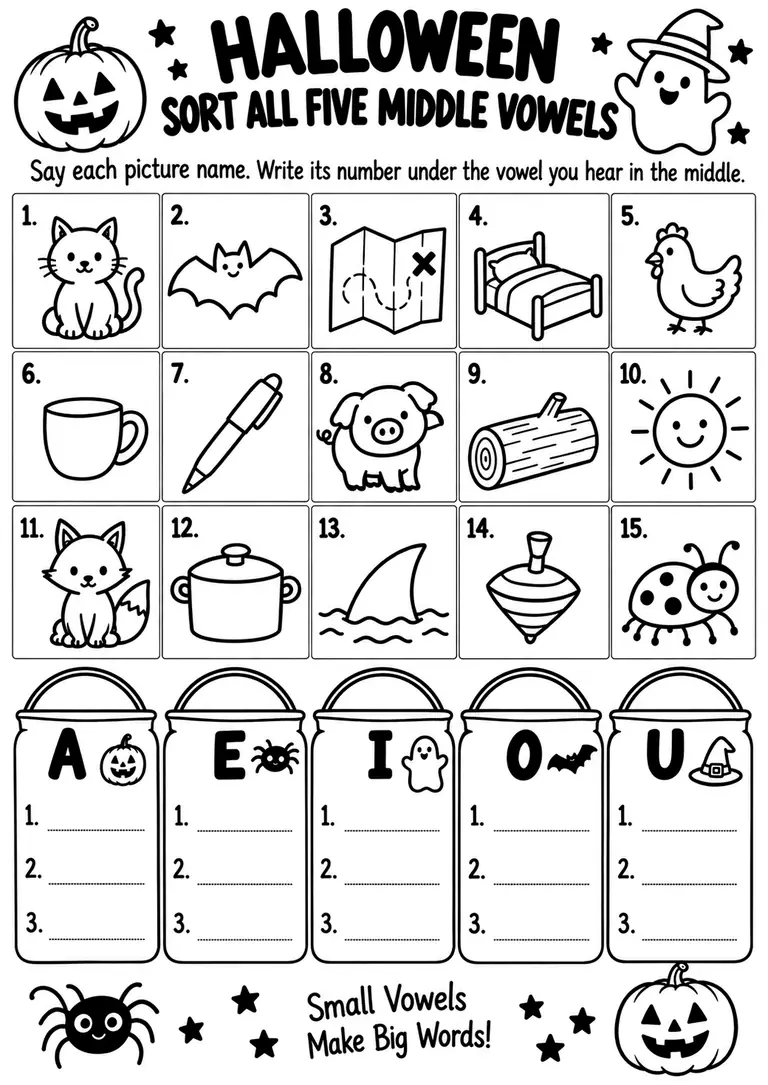 Halloween Sort All Five Middle Vowels for Kindergarten, 1st Grade