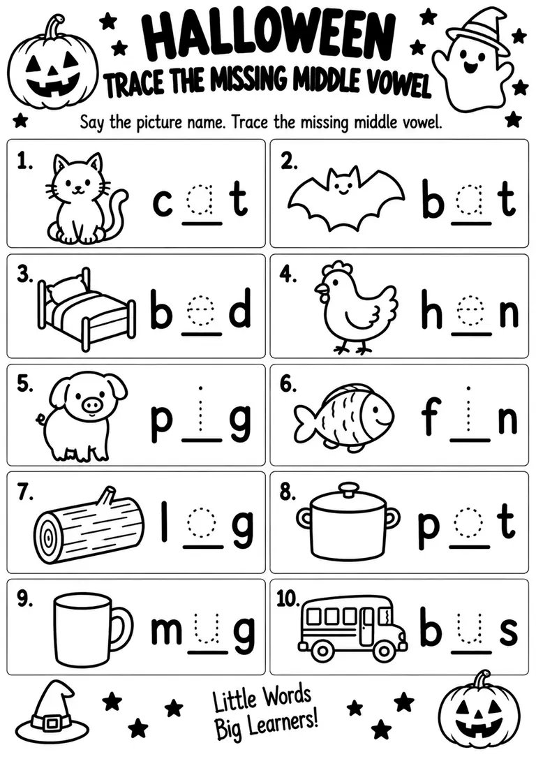 Halloween Trace the Missing Middle Vowel for Kindergarten, 1st Grade