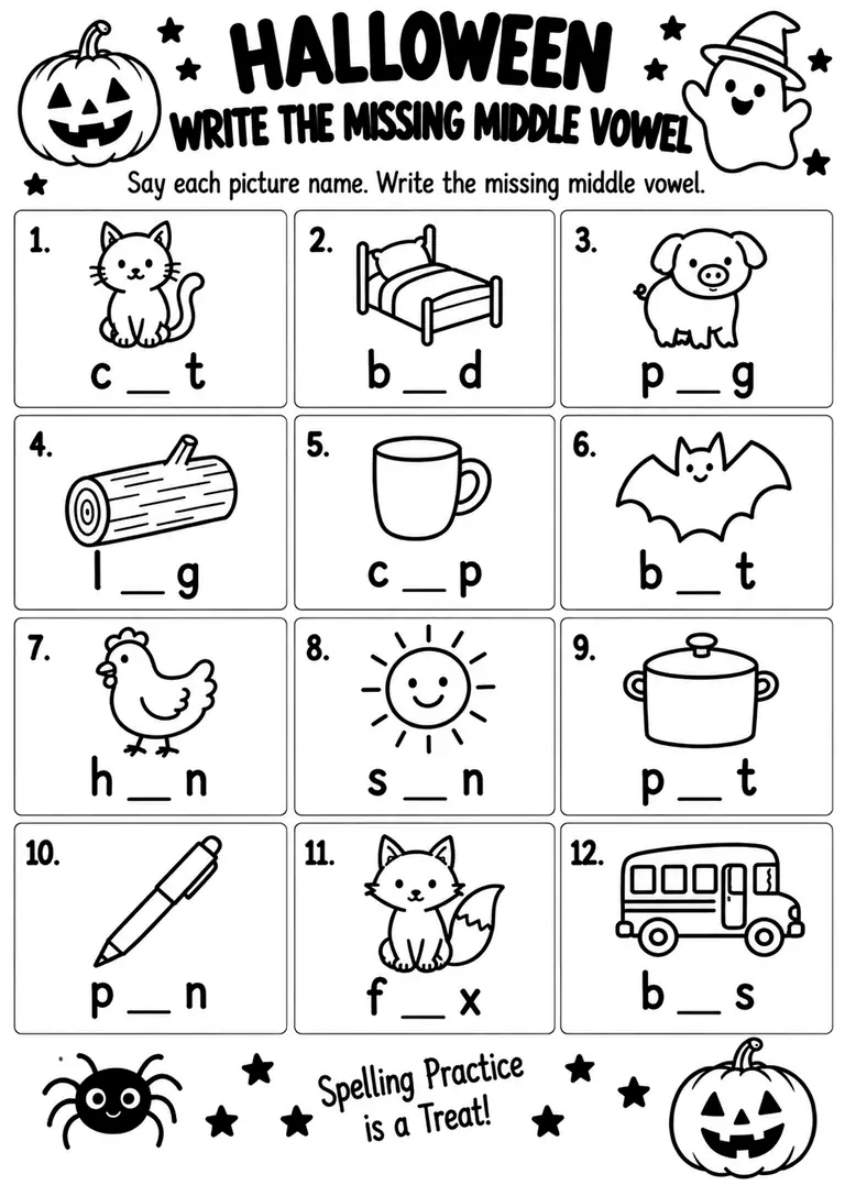 Halloween Write the Missing Middle Vowel for Kindergarten, 1st Grade