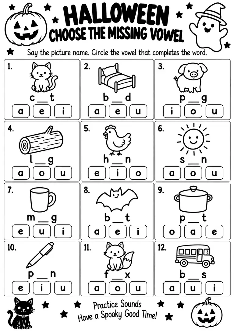 Halloween Choose the Missing Vowel for Kindergarten, 1st Grade