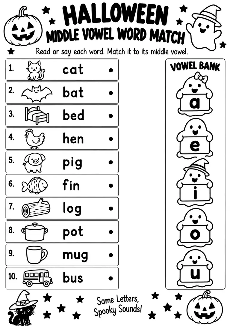 Halloween Middle Vowel Word Match for Kindergarten, 1st Grade