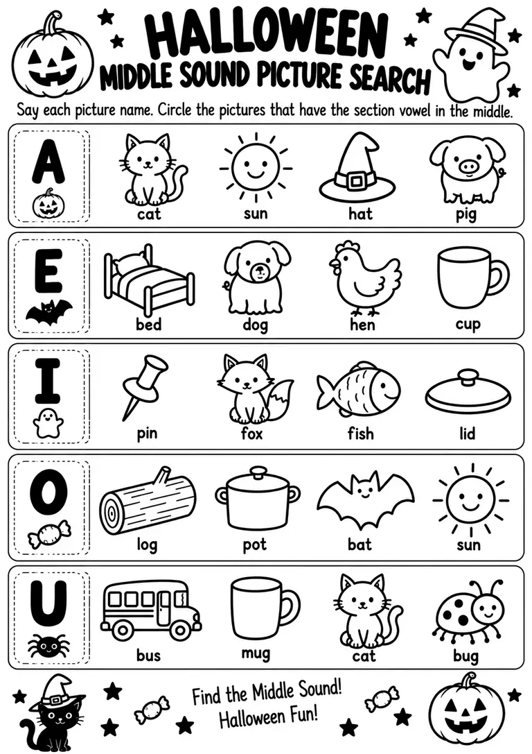 Halloween Middle Sound Picture Search for Kindergarten, 1st Grade