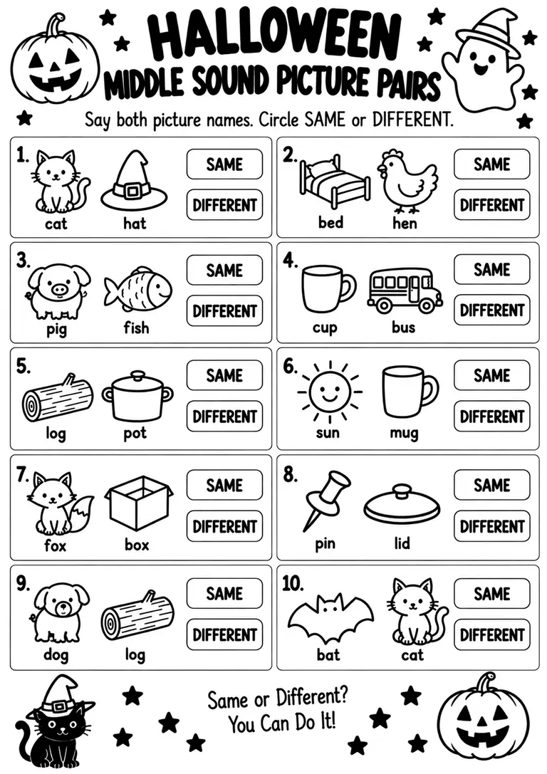 Halloween Middle Sound Picture Pairs for Kindergarten, 1st Grade