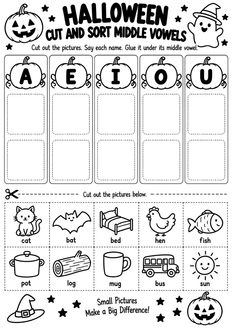 Halloween Cut and Sort Middle Vowels for Kindergarten, 1st Grade