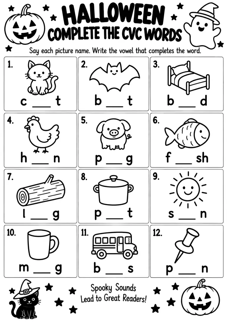 Halloween Complete the CVC Words for Kindergarten, 1st Grade