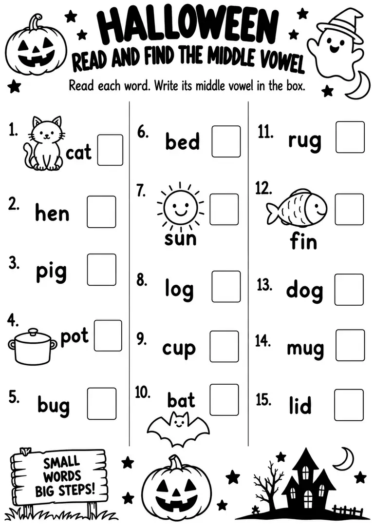 Halloween Read and Find the Middle Vowel for Kindergarten, 1st Grade