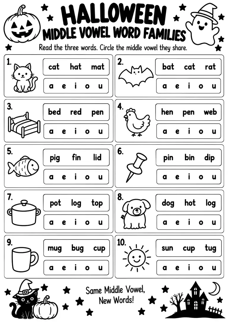 Halloween Middle Vowel Word Families for Kindergarten, 1st Grade