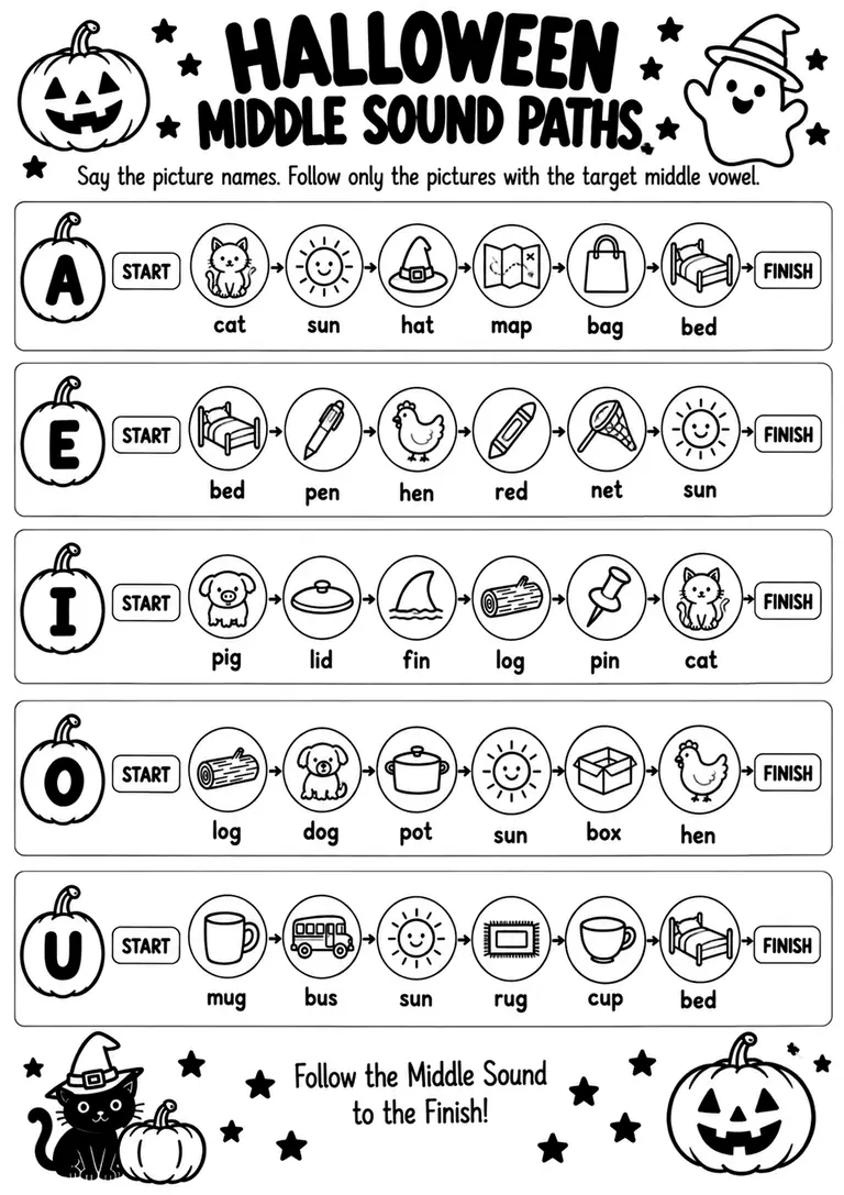 Halloween Middle Sound Paths for Kindergarten, 1st Grade