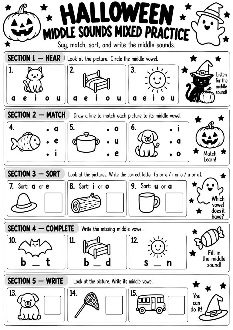 Halloween Middle Sounds Mixed Practice for Kindergarten, 1st Grade