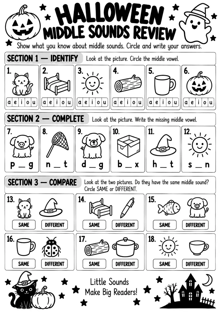 Halloween Middle Sounds Review for Kindergarten, 1st Grade