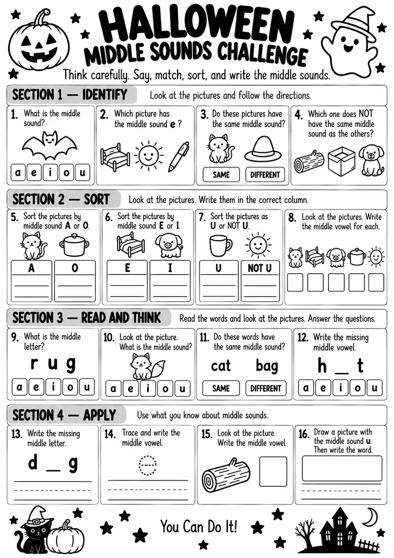 Halloween Middle Sounds Challenge for Kindergarten, 1st Grade