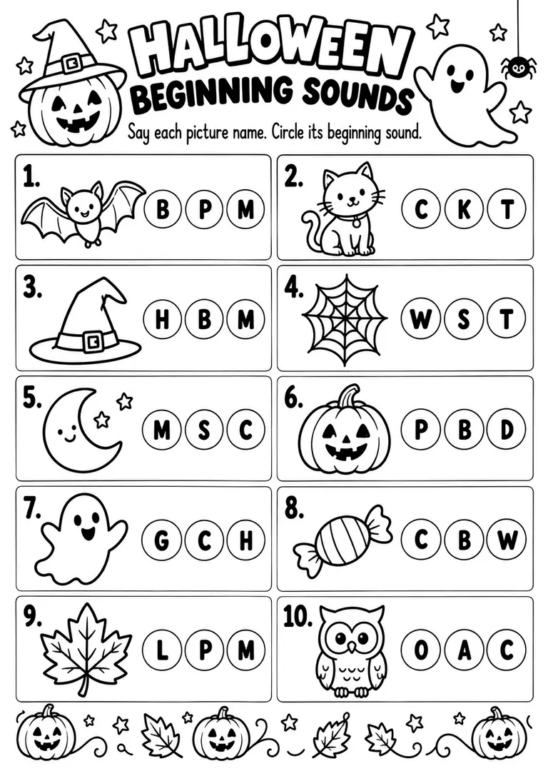 Halloween Beginning Sounds PRINTABLE for Kindergarten, 1st Grade