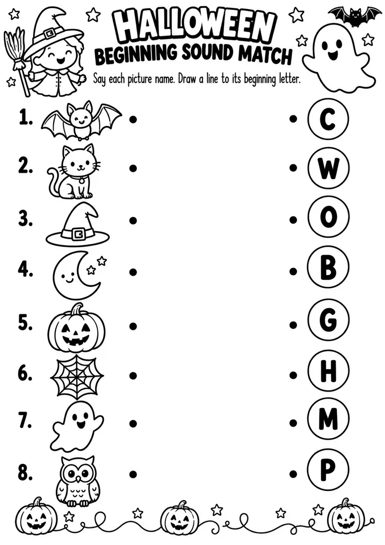 Halloween Beginning Sound Match for Kindergarten, 1st Grade