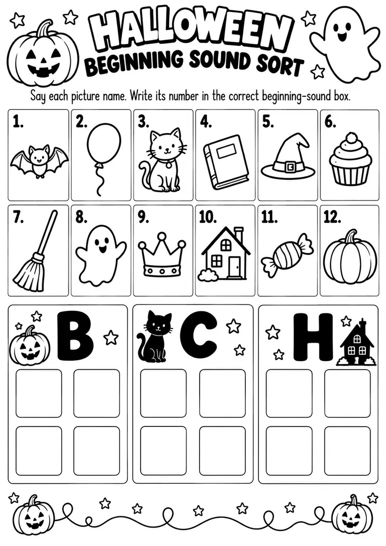 Halloween Beginning Sound Sort for Kindergarten, 1st Grade