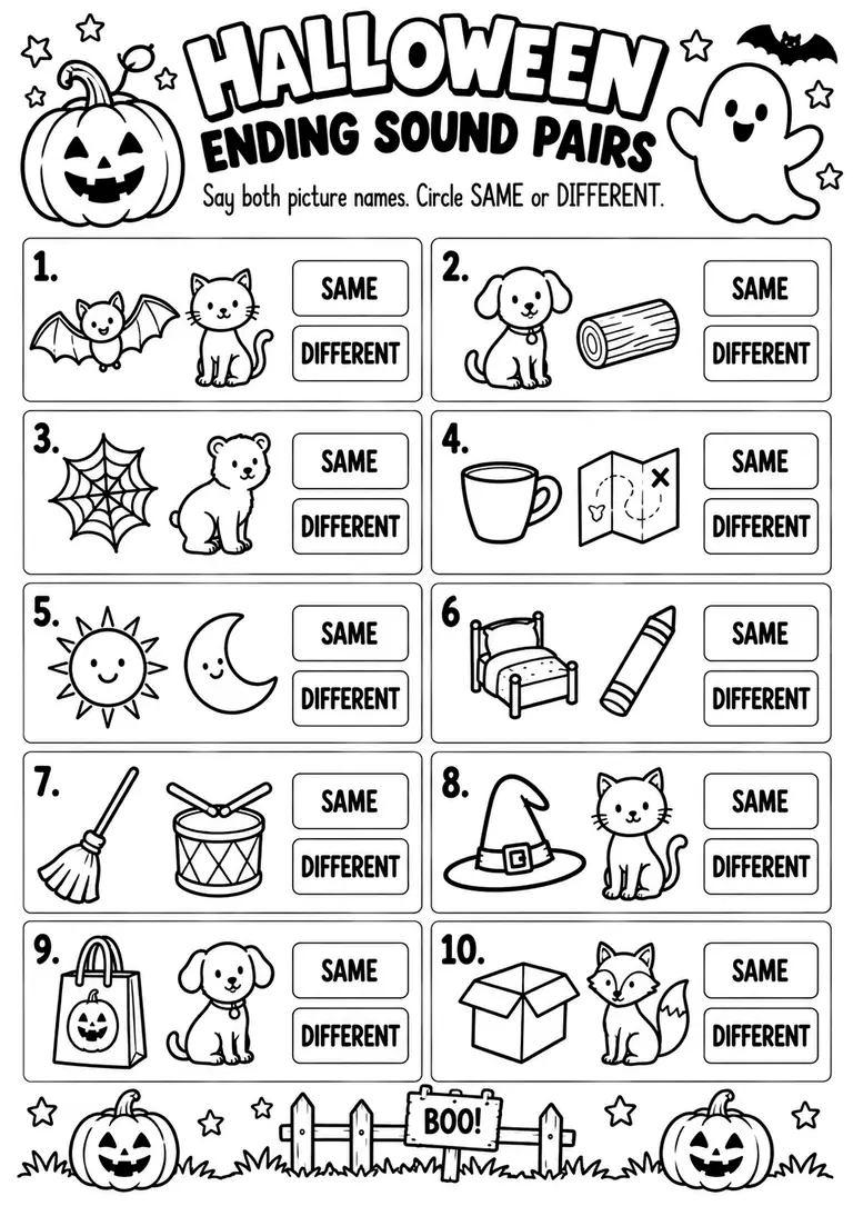 Halloween Ending Sound Pairs WORKSHEET for Kindergarten, 1st Grade