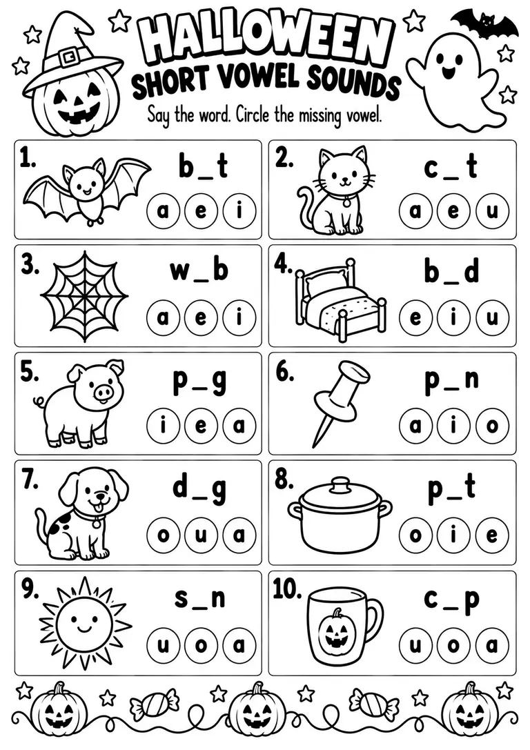 Halloween Short Vowel Sounds for Kindergarten, 1st Grade