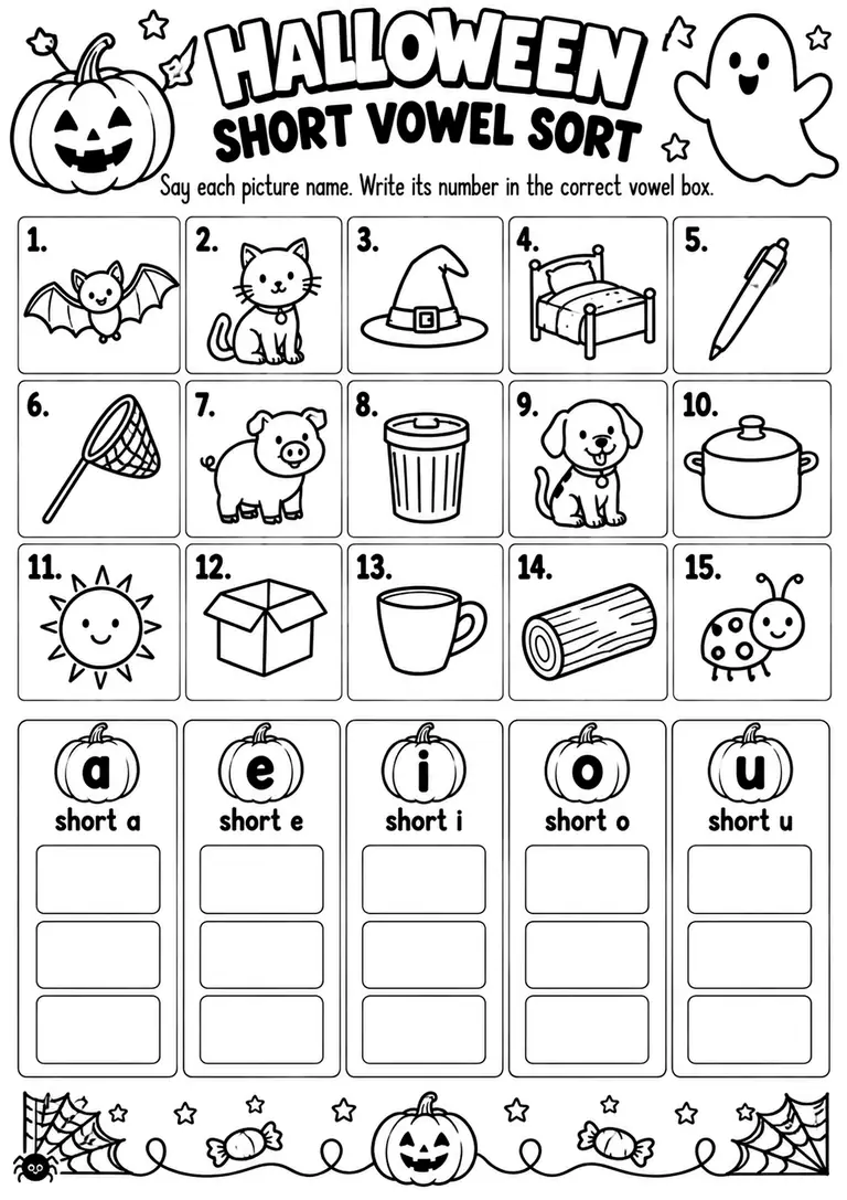 Halloween Short Vowel Sort for Kindergarten, 1st Grade