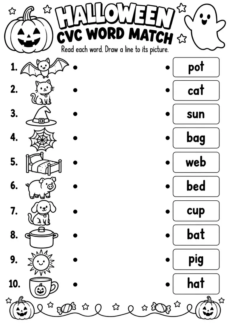Halloween CVC Word Match WORKSHEET for Kindergarten, 1st Grade