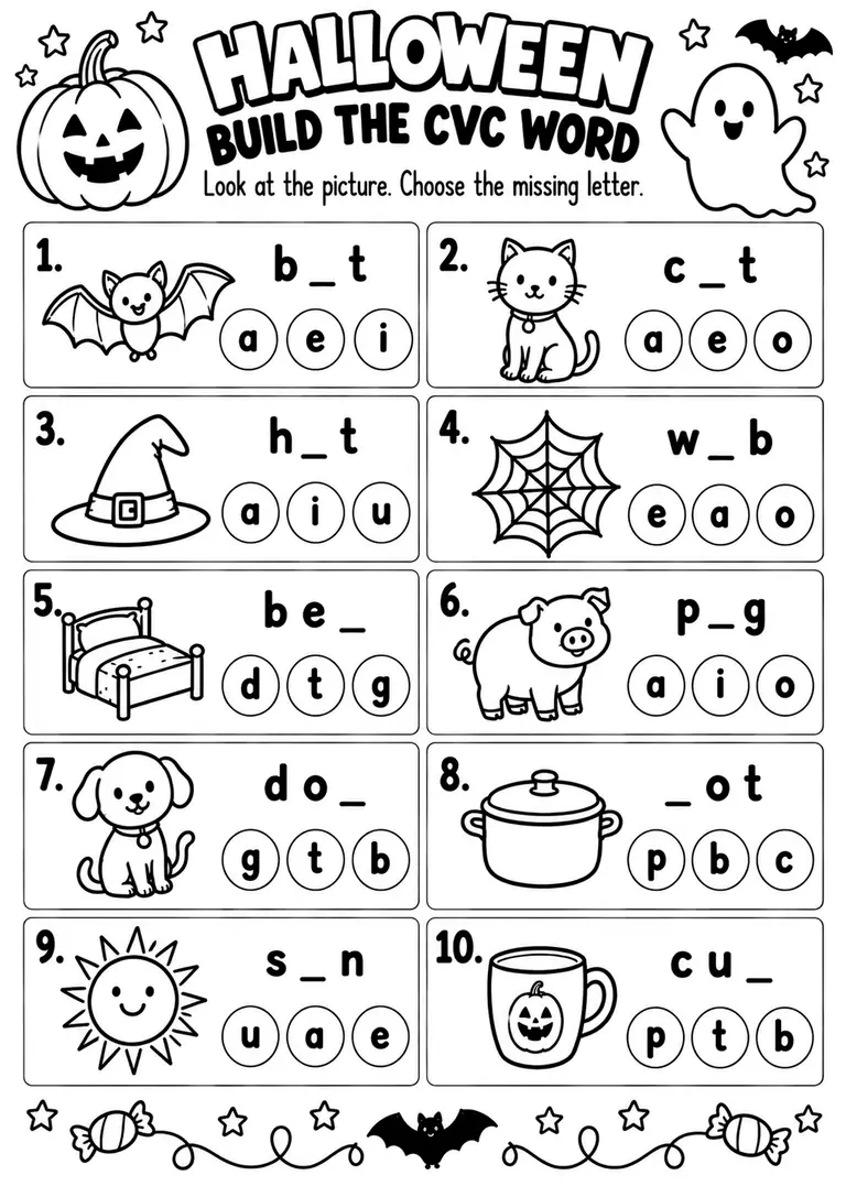 Halloween Build the CVC Word WORKSHEET for Kindergarten, 1st Grade