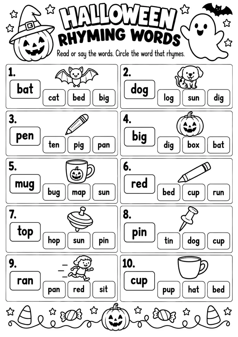 Halloween Rhyming Words PRINTABLE for Kindergarten, 1st Grade