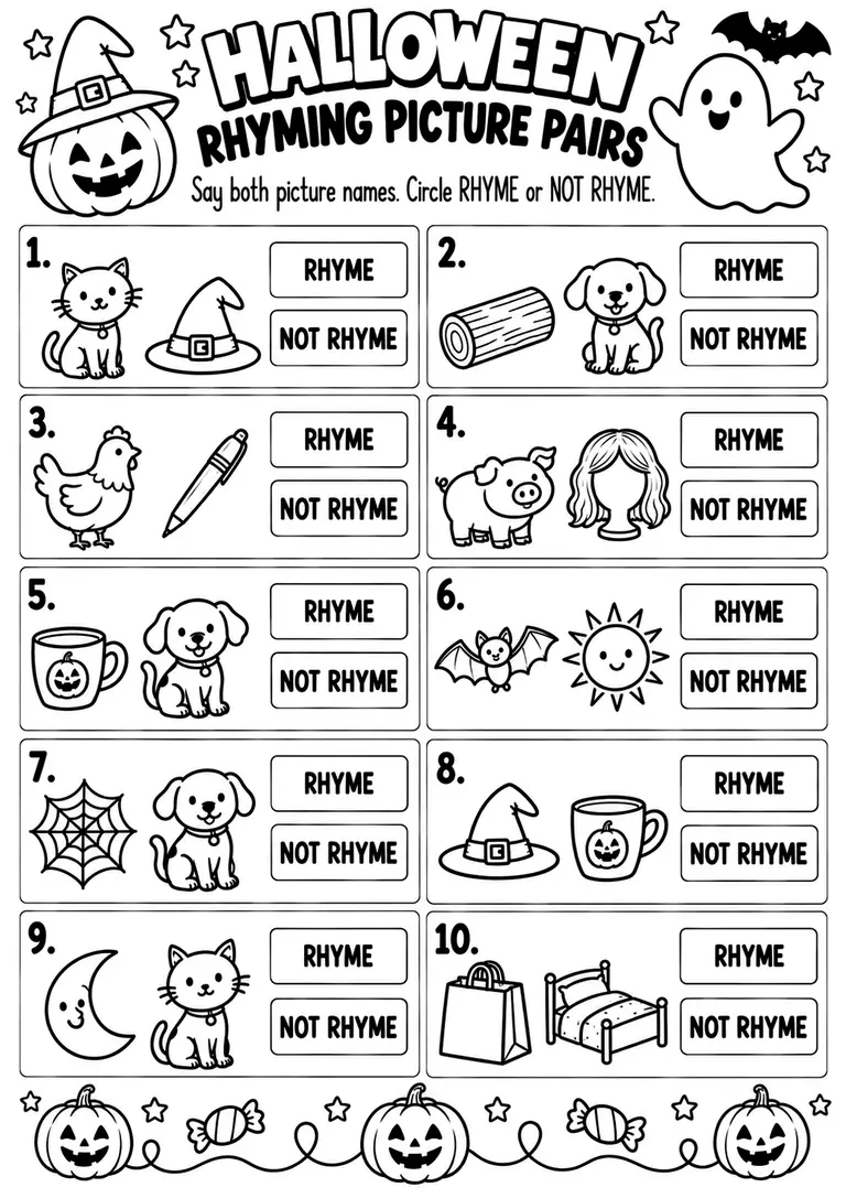 Halloween Rhyming Picture Pairs WORKSHEET for Kindergarten, 1st Grade