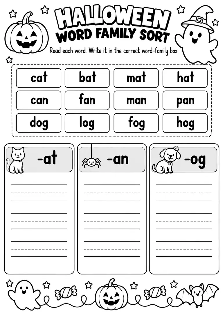 Halloween Word Family Sort WORKSHEET for Kindergarten, 1st Grade