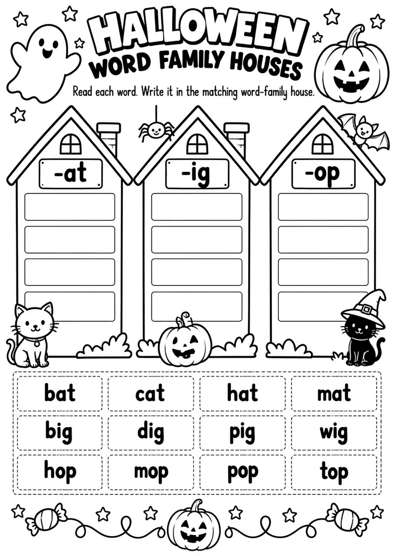 Halloween Word Family Houses for Kindergarten, 1st Grade