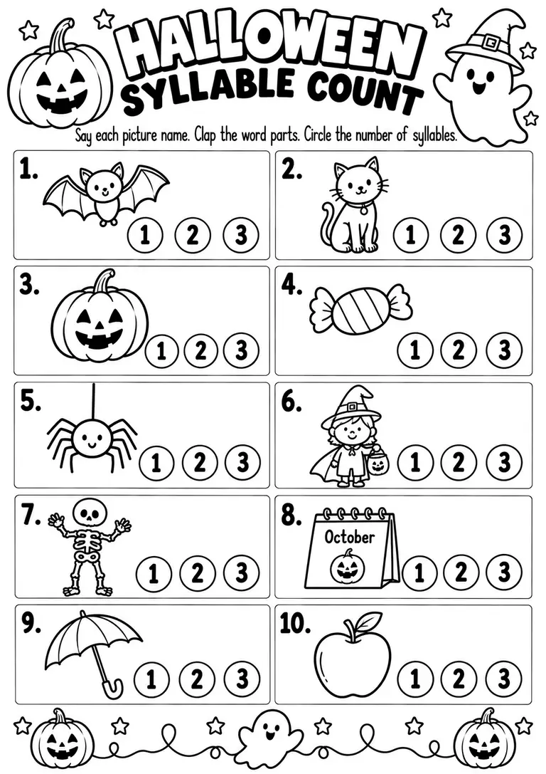 Halloween Syllable Count for Kindergarten, 1st Grade