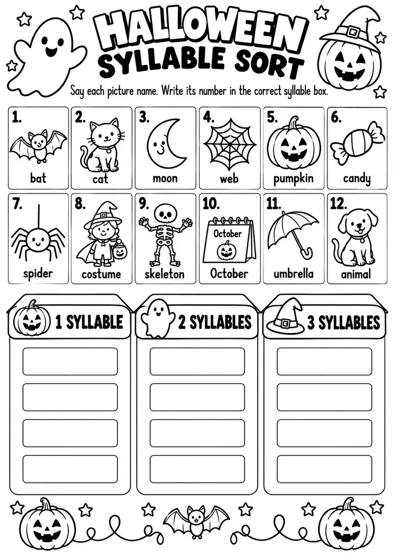Halloween Syllable Sort for Kindergarten, 1st Grade