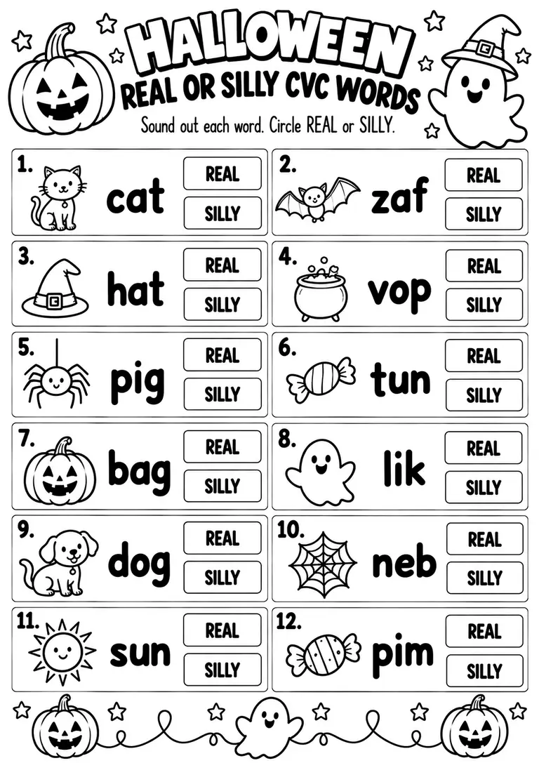 Halloween Real or Silly CVC Words for Kindergarten, 1st Grade