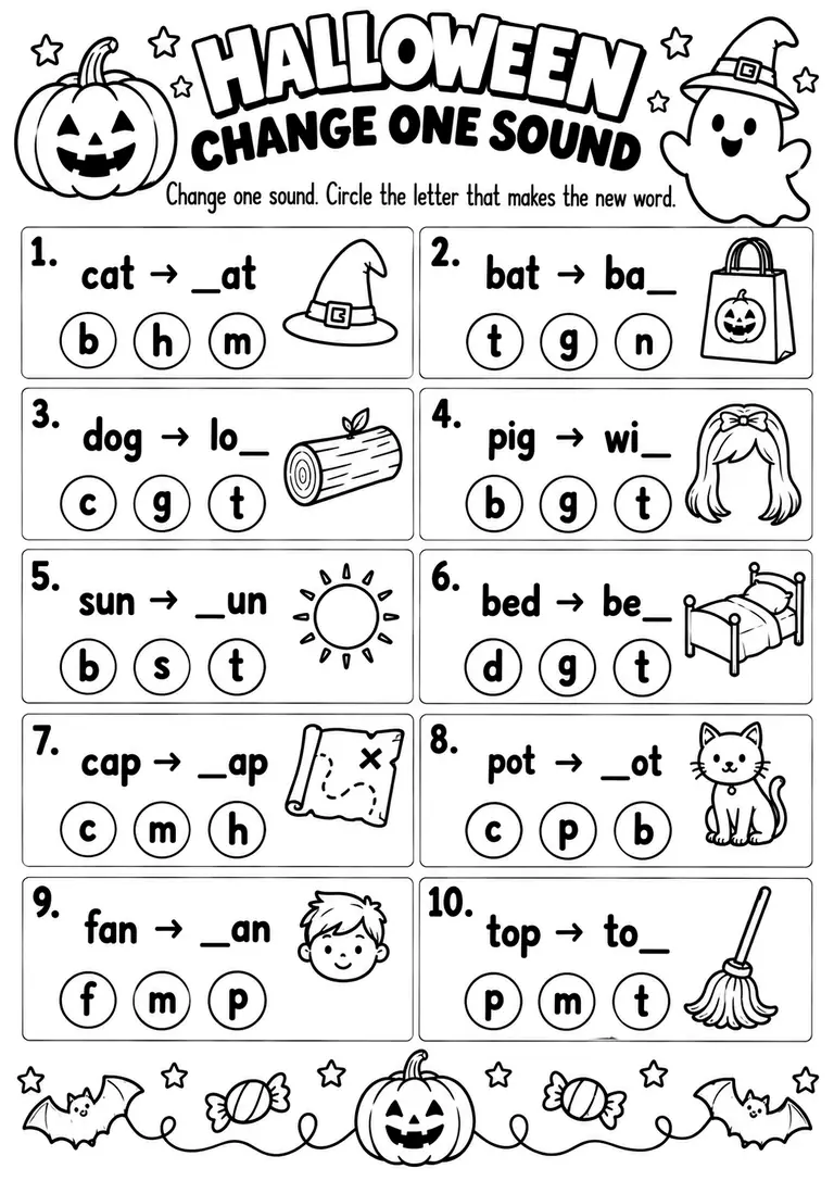 Halloween Change One Sound for Kindergarten, 1st Grade