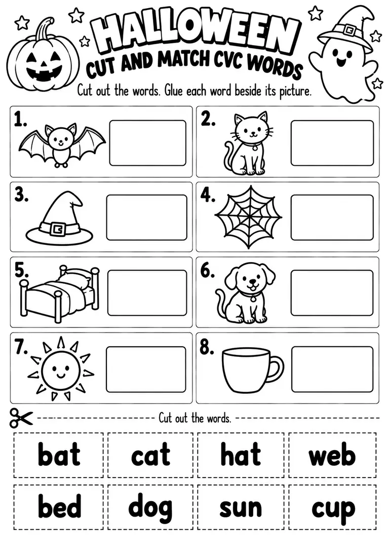 Halloween Cut and Match CVC Words for Kindergarten, 1st Grade