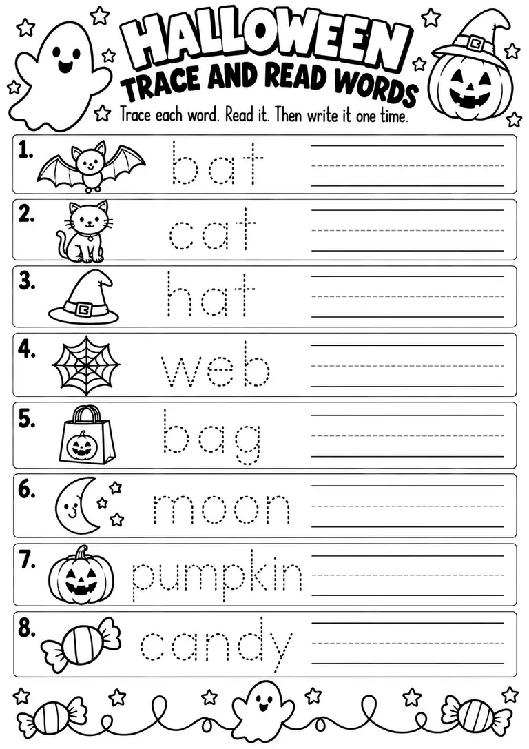 Halloween Trace and Read Words for Kindergarten, 1st Grade